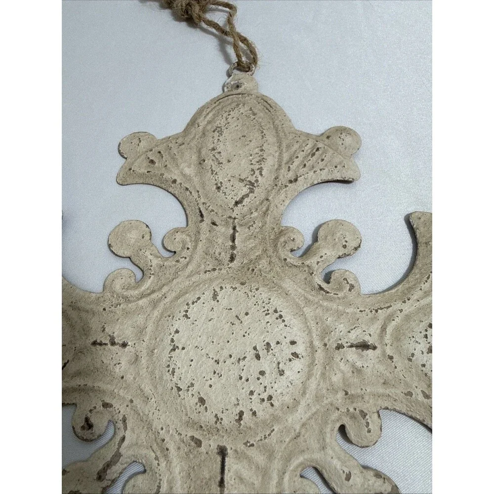 Vintage Metal Cross Decor With Glass Beads Hanging Rustic Off White Flat